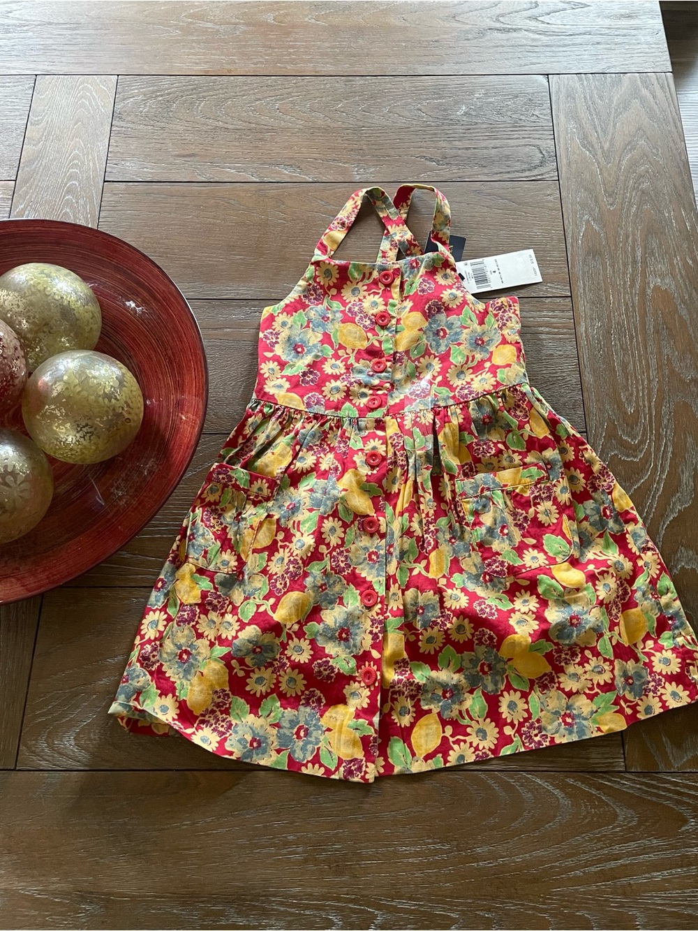 NWT, Girls Size 4 Floral Sundress with Lemon Print - Bright Red & Yellow